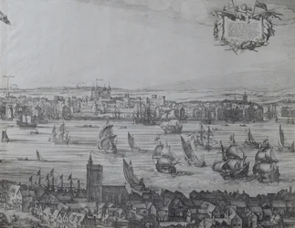 Panorama von London und der Themse, Teil vier zeigt den Tower und die Kirche St. Olave, ca. 1600